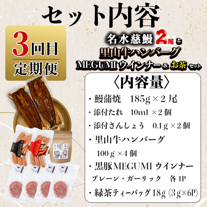 【定期便全３回】志布志を大満喫！食べ比べ福袋 総計４kg超 うなぎ 鰻 蒲焼き 6尾 鹿児島 黒豚 しゃぶしゃぶ 切り落とし ハンバーグ 冷凍 ウインナー 角煮 ちりめんじゃこ しらす 緑茶 紅茶 ウーロン茶 定期便 福袋 t0084-014