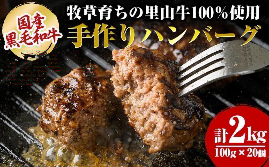 国産黒毛和牛 牧草育ちの里山牛100%使用！手作りハンバーグ 2kg (100g×20個） c0-113