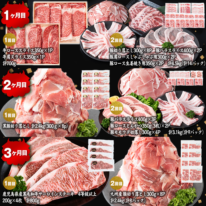【定期便11ヶ月】ししまる定期便S(11ヶ月連続 月1〜2回お届け！・計44.06kg) 黒毛和牛 黒豚 国産牛 九州産 豚 豚肉 肉 牛肉 国産 4等級 小分け 真空包装 冷凍 t0383-001