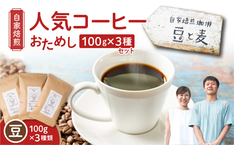 【自家焙煎】豆と麦の人気コーヒー（豆）お試し 100g×3種類セット　A017-016-01