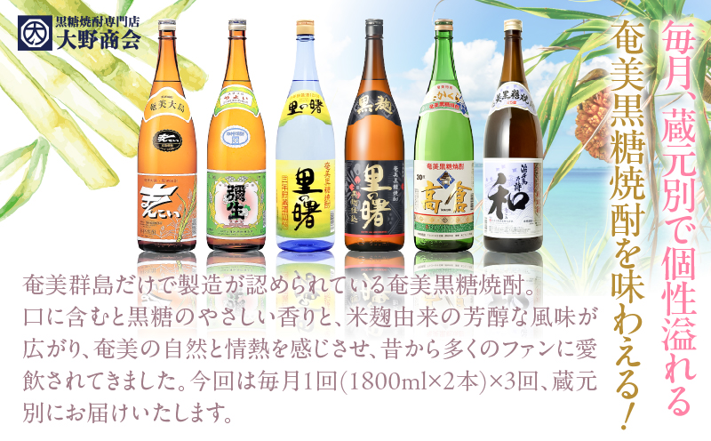 【頒布会(2)】【糖質・プリン体ゼロ】奄美黒糖焼酎 毎月1回（1800ml×2本）×3回お届け　A002-T04