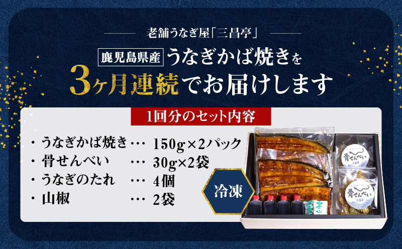 【全3回定期便】老舗うなぎ屋「三昌亭」の鹿児島県産うなぎかば焼き 150g×2セット　A040-T01