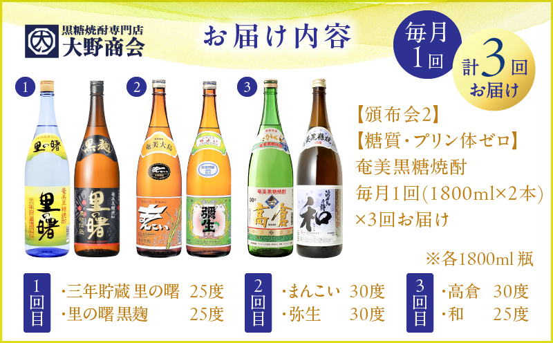 【頒布会(2)】【糖質・プリン体ゼロ】奄美黒糖焼酎 毎月1回（1800ml×2本）×3回お届け　A002-T04