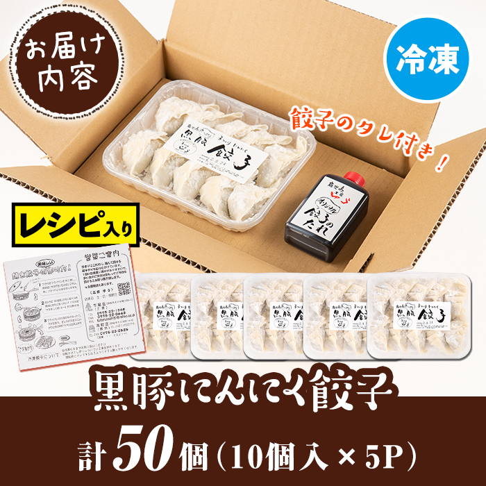 Z6-01 手づくり黒豚にんにく餃子(計50個・10個入り×5P) 特製餃子のタレ付き！鹿児島県産黒豚肉の旨味とたっぷり野菜の相性抜群！冷凍のまま焼くだけ簡単調理【工房ゆう】