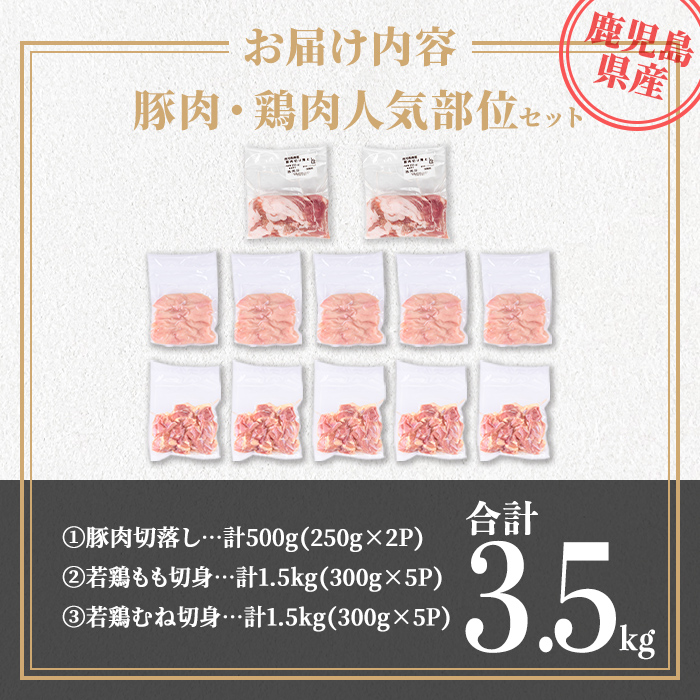 isa872 鹿児島県産 豚肉・鶏肉人気部位セット(合計3.5kg) 鹿児島県産 国産 豚肉 鶏肉 セット 切り落とし 若鶏 もも肉 もも切身 むね肉 むね切身 炒め物 揚げ物 おかず おつまみ カット済み 真空 小分け 【TRINITY】