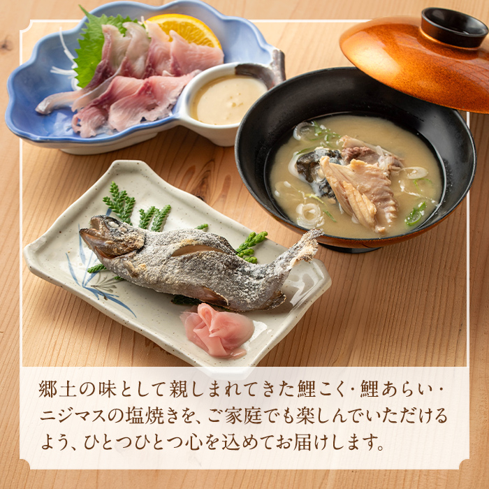 isa748 曽木の滝 なりざわ特製 鯉こく・鯉あらい・ニジマスの塩焼きセット(各2食) 鯉こく 鯉あらい ニジマス 塩焼き 川魚料理 川魚 郷土料理 和食 【やさしいまち】