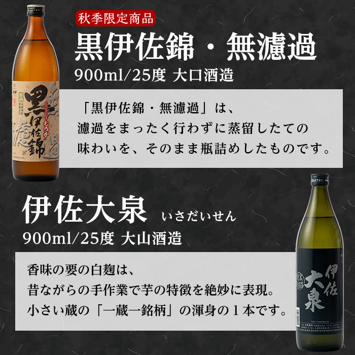 A4-09 《数量限定》無濾過と楽しむ伊佐の名酒セット！黒伊佐錦 無濾過、伊佐美、伊佐大泉(900ml×2本・720ml×1本・計3本) 季節限定の芋焼酎の新酒『無濾過』をお届け【平酒店】