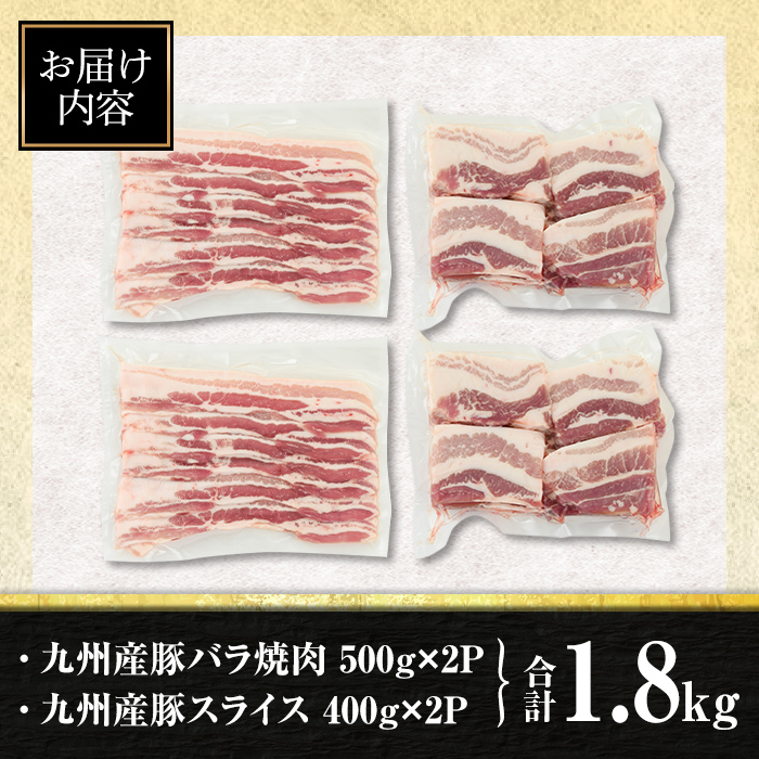 isa454 厚さ10mm!九州産豚バラ焼肉、豚バラスライスセット(合計1.8kg・豚バラ焼肉500g×2P、豚バラスライス400g×2P)【サンキョーミート株式会社】