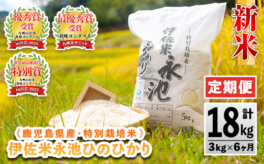 C0-09 【定期便】令和6年産 新米 特別栽培米 伊佐米永池ひのひかり(計18kg・3kg×6ヶ月)【エコファーム永池】