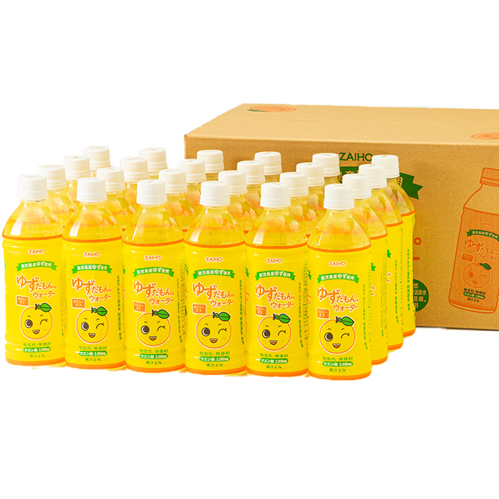 isa461-tn 〈20日以内に発送〉 ゆずドリンク 500ml (24本) ペットボトル ゆずだもん。ウォーター ストレートタイプ カロリーオフ 無着色 無香料 クエン酸 含有 鹿児島 産 柚子 天然アルカリ温泉水 使用 ゆず果汁 2％配合 【財宝】