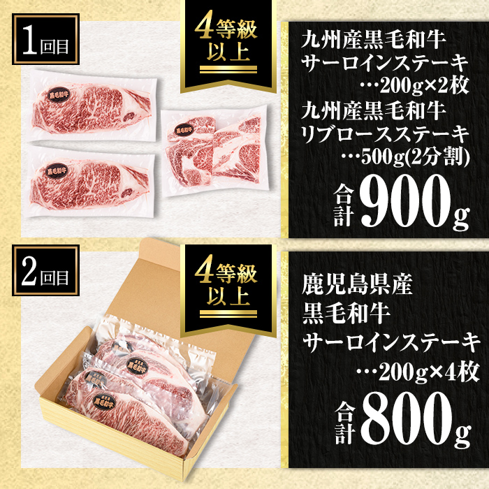 isa640 【定期便2回】黒毛和牛ステーキ定期便(合計1.7kg) 真空包装 真空パック リブロース サーロイン ステーキ 牛 うし 牛肉 アウトドア 食べ比べ BBQ 冷凍 【サンキョーミート株式会社】