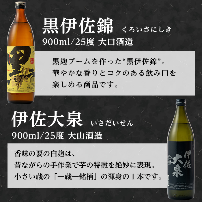 A2-03 個性派焼酎セット(900ml各1本・計3本) 定番で飲みやすい黒伊佐・伊佐小町・伊佐大泉をセットで【平酒店】