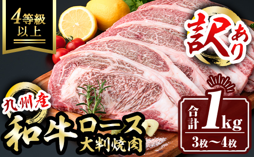 isa574 ＜訳あり＞九州産和牛ロース大判焼肉(合計1kg・3枚〜4枚) 4等級以上 国産 真空包装 真空パック リブロース ステーキ 牛 うし 牛肉 アウトドア BBQ 冷凍 【サンキョーミート株式会社】
