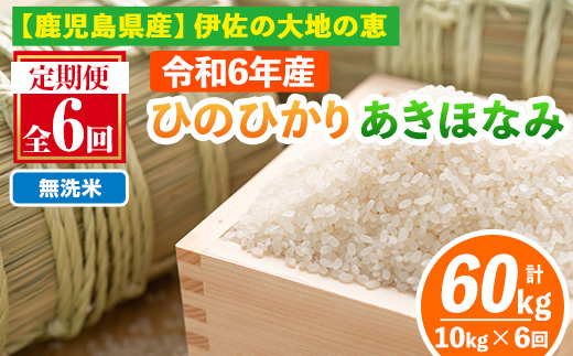 isa518-B 【定期便6回】 ＜無洗米＞令和6年産 鹿児島県伊佐南浦産 ひのひかり5kg・あきほなみ5kg (合計60kg・計10kg×6ヵ月)【Farm-K】