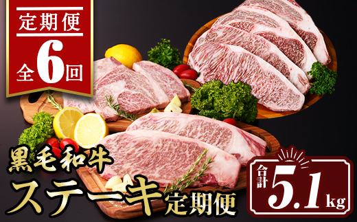 isa642 【定期便6回】黒毛和牛ステーキ定期便(合計5.1kg) 真空包装 真空パック リブロース サーロイン ステーキ 牛 うし 牛肉 アウトドア 食べ比べ BBQ 冷凍 【サンキョーミート株式会社】