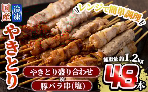 a520 レンジで簡単国産やきとり詰め合わせ＜冷凍＞計48本、約1.2kg超【フタバフーズ】鶏肉 鳥肉 焼鳥 もも 皮 とり皮 むねねぎま ささみ つくね 豚バラ 豚バラ串 タレ 塩 温めるだけ セット 小分け 加工品 総菜 おかず