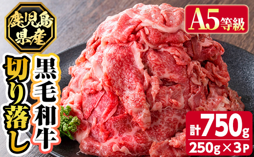 s629 【A5等級】鹿児島県産黒毛和牛切り落とし(計750g・250g×3パック)  鹿児島 国産 黒牛 牛肉 九州産 霜降り 切落し  A5等級 小分け お肉 【カミチク】