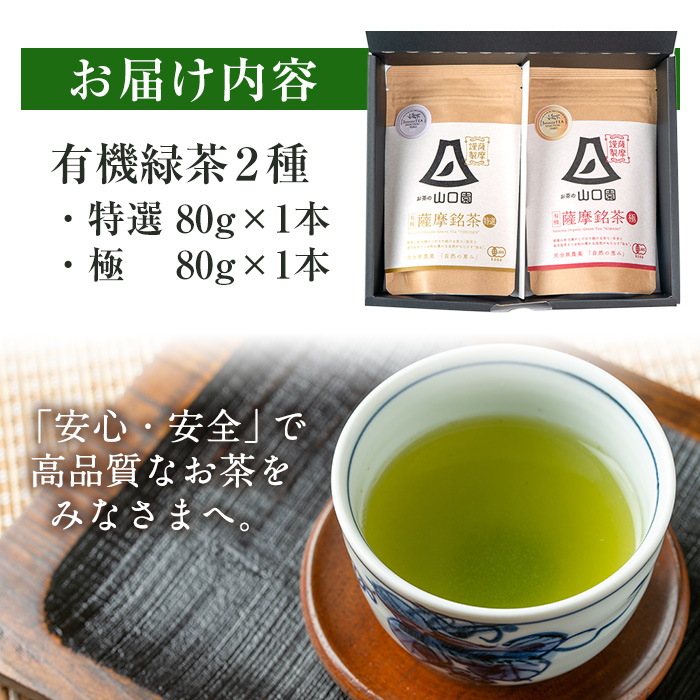 s090 《Japanese Tea Selection Pari 受賞茶》鹿児島の有機薩摩銘茶2種セット(特選・極 各80g・計160g) 銘茶 有機栽培 一番茶 茶葉 お茶 緑茶 ギフト 贈答【山口園】