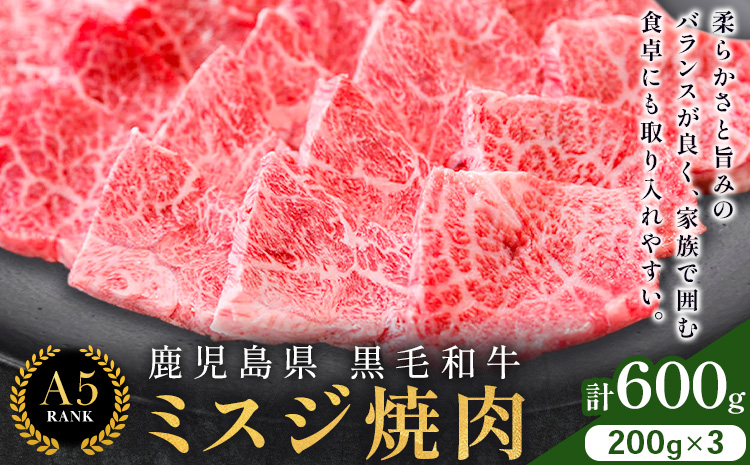 鹿児島県黒毛和牛ミスジ焼肉600g 200ｇ×3パック LRプラスK《90日以内に出荷予定(土日祝除く) 》 黒毛和牛 和牛 ミスジ 焼肉