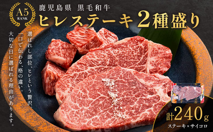 肉 牛肉 鹿児島県産 黒毛和牛 ヒレステーキ 2種盛り ステーキ サイコロ 240g A5等級 《90日以内に出荷予定(土日祝除く)》 株式会社カミチク A5 鹿児島県 さつま町