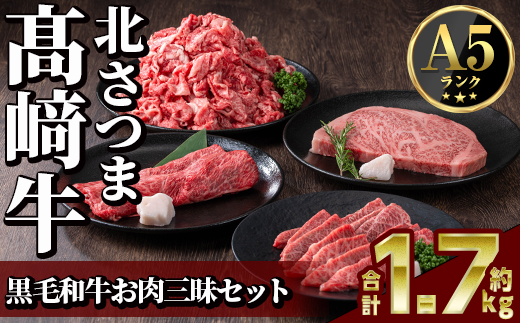 s598 鹿児島県産 北さつま高崎牛 お肉三昧セット (合計約1.7kg ・ステーキ300g×1枚 、すき焼き用 200g、焼き肉用200g、切り落とし200g×5 )黒毛和牛 A5ランク A5 雌牛 ステーキ サーロイン 焼き肉 焼肉 BBQ バーベキュー  すきやき すき焼 牛肉 お肉  真空パック【太田家】