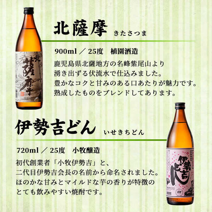 s001 鹿児島芋焼酎（北薩摩900ml×1本・伊勢吉どん720ml×1本セット)鹿児島 芋焼酎 飲み比べセット ギフト【杉元酒店】
