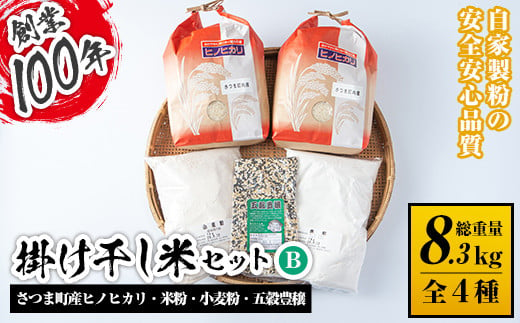 s084 掛け干し米Bセット(さつま町産ヒノヒカリ3kg×2、米粉1kg、小麦粉1kg、五穀豊穣300g) 自家製粉 安全 安心 品質 米 お米 干し米 ひのひかり セット【長浜商産】