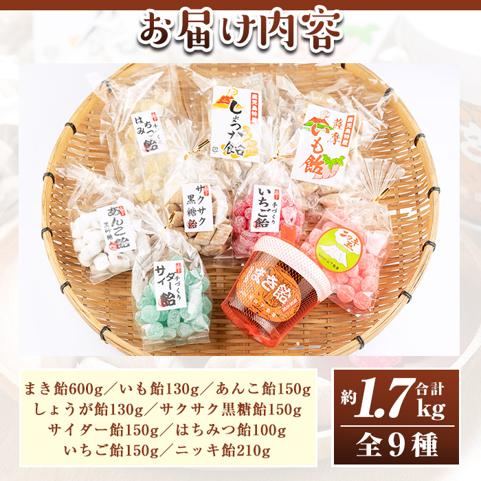 s082 特産品飴セット(サイダー飴150g、はちみつ飴100g、いも飴130g、しょうが飴130g、サクサク黒糖飴150g、あんこ飴150g、いちご飴150g、ニッキ飴210g、まき飴600g) 飴 あめ ドロップ  レトロ 昔ながら 蜂蜜  芋 生姜 黒糖【山下製菓】