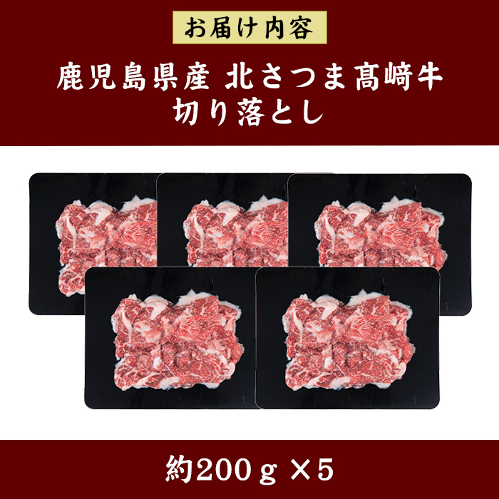 s590 ＜先行予約受付中！2025年1月中旬より順次発送予定＞鹿児島県産 北さつま高崎牛 切り落とし肉 (計約1kg・約200g×5)黒毛和牛 A5ランク A5 雌牛 切落し 切り落し  牛肉 小分け お肉 真空パック【太田家】