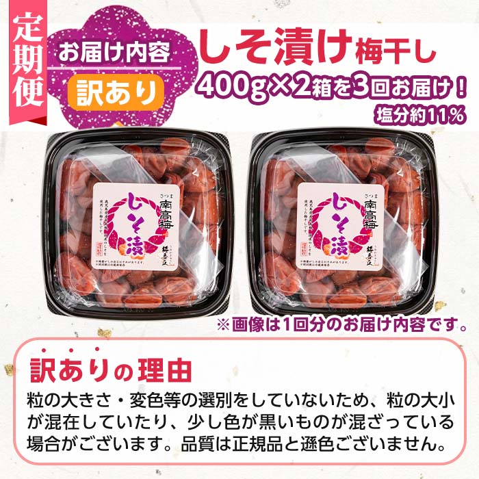 s459-A 【連続定期便3回】＜訳あり＞しそ漬け梅干し(計2.4kg・400g×2箱×3回・塩分約11％) 鹿児島 国産 梅干し うめ 梅 漬け物 ご飯のお供に 常温【梅香丘】