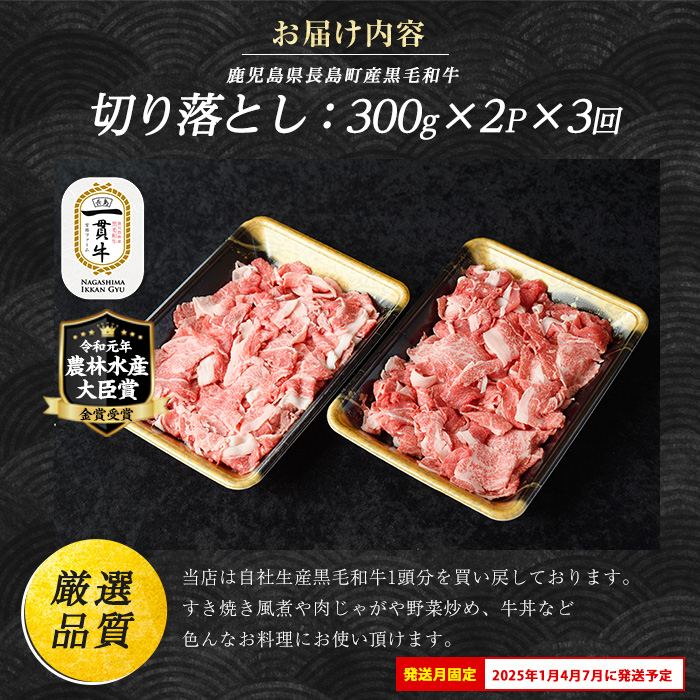 定期便 全3回 宮路ファームの黒毛和牛切り落とし(300g×2パック) 鹿児島県産 切り落とし 牛肉 すき焼き パック詰め 肉じゃが 牛丼 野菜炒め 農林水産大臣賞 肉 しゃぶしゃぶ 国産黒毛和牛 焼肉 定期便【宮路ファーム】f-miyaji-1378