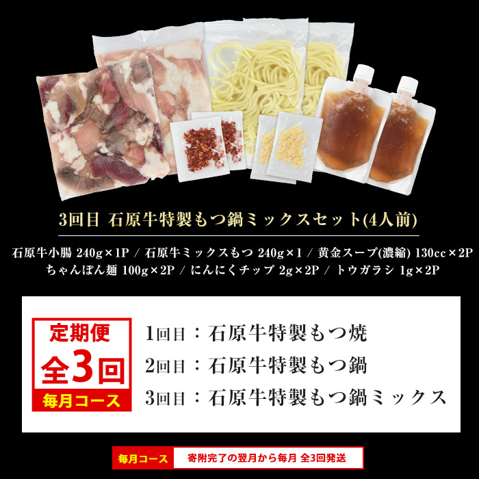 ＜定期便・毎月発送全3回＞ 石原牛の定期便【もつ食べ比べ編】 【石原PRO】nagashima-1524