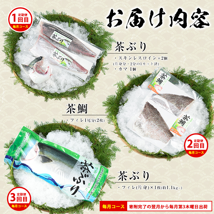 茶ぶり・茶鯛の定期便 毎月 (全3回)  国産 鹿児島県産 ブリ 茶ぶり 鰤 茶鯛 鯛 海鮮 海産物 フィレ 魚介 魚 刺身 海鮮丼 産地直送 定期【ウスイ】usui-1604A
