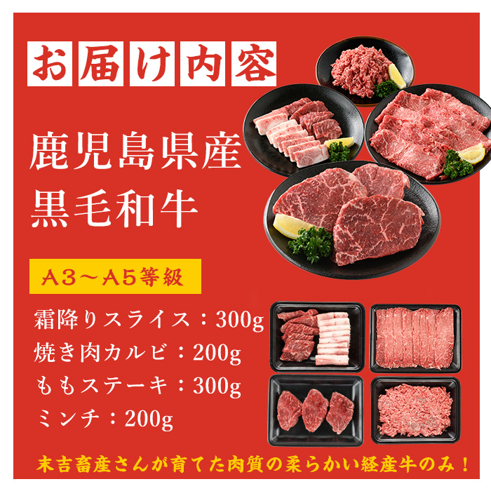 鹿児島県産黒毛和牛 食べ比べ4部位セット(計1kg)鹿児島県産 国産 九州 長島町 牛肉 モモ カルビ ミンチ ももステーキ BBQ 焼肉【コネクトライン】konekuto-7183