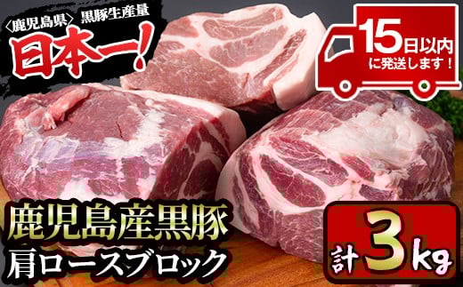 y201-v02 特選！鹿児島産黒豚肩ロースブロック(計3kg) 国産 九州産 黒豚 豚肉 ぶた肉 お肉 ステーキ 肩ロース ブロック 真空パック 焼肉 BBQ バーベキュー シチュー 冷凍【財宝】