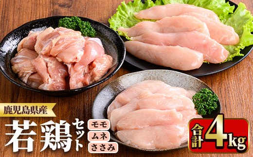 y537 鹿児島県産若鶏セット(合計4kg・もも、むね、ささみ) 国産 九州産 鹿児島県産 鶏肉 鳥肉 鶏 とり 若鶏 冷凍 もも むね ささみ ササミ 筋なし セット 詰め合わせ 小分け 真空 【TRINITY】