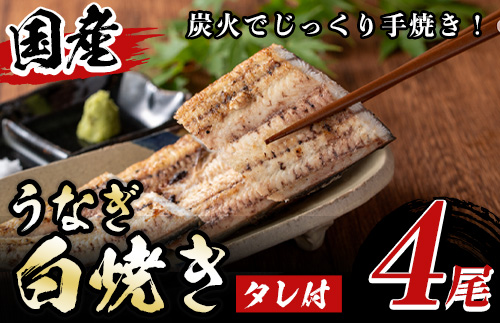 y509 国産！うなぎ白焼き(4尾・タレ付き) 国産 九州産 鰻 ウナギ 無頭 魚 魚介類 かばやき 蒲焼 蒲焼き しろやき 白焼 おかず 特産品 お土産 ギフト プレゼント 冷蔵 【尾方屋】