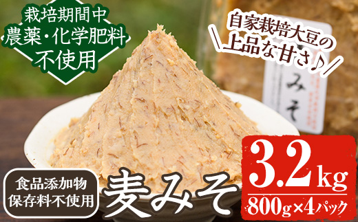 y175 《先行予約受付中！2026年2月以降順次発送》《添加物不使用》麦みそ(計3.2kg・800g×4パック) 味噌 麦味噌 自家栽培 玄米麹 麹 こうじ みそ汁 味噌汁 野菜炒め 田楽 有機 有機農業 有機肥料【雲月農園】