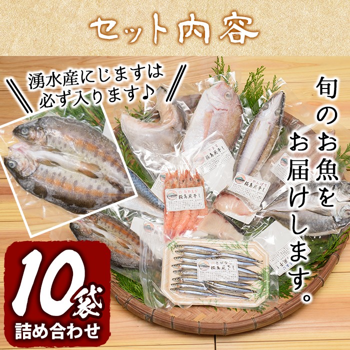 y060 ＜高級手作り干物＞桜島灰干し詰め合わせ 遠赤外線でやわらか！鹿児島県湧水町産にじますの他、季節のお魚を計10袋お届け！ 干物 魚 焼き魚 おかず 晩御飯 晩ごはん 朝食 朝ごはん 朝ご飯 和食 定食 にじます ニジマス 保存料無添加 【福永商店】