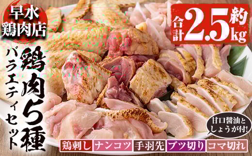y115 ＜2026年1月発送分(1月31日迄に発送)＞鹿児島県産！自家製鶏の5種バラエティセット(約2.5kg) 国産 九州産 鳥刺し 鶏刺し 鳥さし 鶏さし とりさし 鶏肉 とり肉 手羽先 細切れ ナンコツ とり お肉 肉 刺身 おつまみ タレ 生姜 甘口醤油 醤油付き 小分け 冷凍【早水鶏肉店】