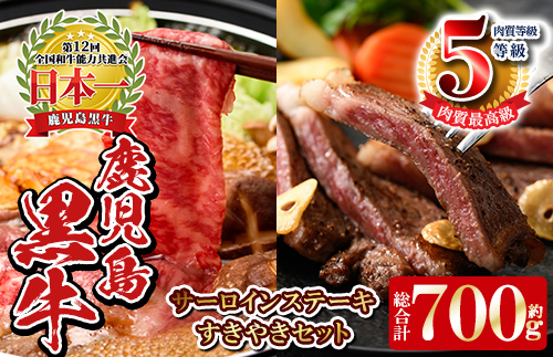 y191 《数量限定》E701 最高級の鹿児島黒牛サーロインステーキ(2枚)・すきやきセット(総合計700g)鹿児島県産黒毛和牛の最高肉質5等級牛肉を堪能！ 国産 九州産 牛肉 黒牛 黒毛和牛 和牛 ステーキ サーロイン リブロース スライス しゃぶしゃぶ すき焼き 【湧水町JAあいら】