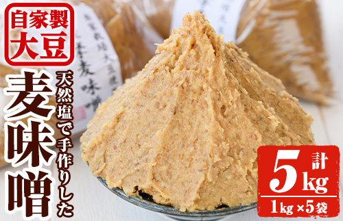 y242 手作り麦味噌計5kg(1kg×5袋)！厳選した天然粗塩、自家製大豆を使用！昔ながらの手法でこうじを寝かせて作った無添加麦みそ5kgセット【ほかむら】