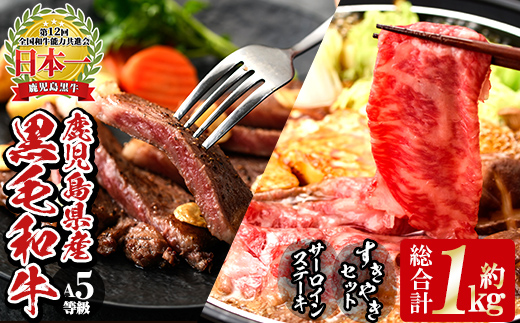 A12 E301 5等級鹿児島黒牛サーロインステーキ（2枚）・すきやきセット 国産 九州産 牛肉 黒牛 黒毛和牛 和牛 ステーキ サーロイン リブロース スライス しゃぶしゃぶ すき焼き【湧水町JAあいら】