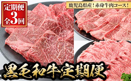 y443 ＜定期便・全3回(連続)＞黒毛和牛の赤身牛肉コース(すき焼き、焼肉、ステーキ)国産 九州産 牛肉 黒毛和牛 和牛 赤身 ステーキ 定期便 頒布会 毎月 すき焼き しゃぶしゃぶ 冷凍【さつま屋産業】