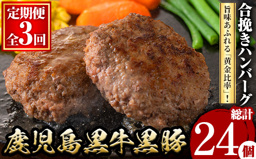 y445 ＜定期便・全3回(連続)＞鹿児島黒牛黒豚ハンバーグ(8個・計1.04kg×3回)  肉 お肉 ぶた ブタ 豚肉 牛肉 ミンチ パック 小分け 冷凍 ハンバーグ はんばーぐ 合挽き あいびき 定期便 頒布会 毎月 全3回 おかず 惣菜 調理 お弁当 【さつま屋産業】