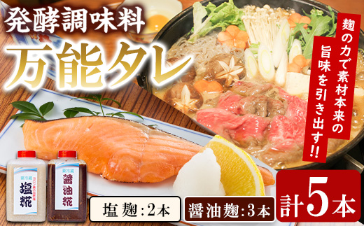 【0111504a】《思いやり型返礼品》コク出し発酵調味料！万能タレ＜塩麹・醤油麹＞(計5本・塩麹360ml×2本/醤油麹360ml×3本)調味料 万能調味料 たれ 麹【ルピナス会】