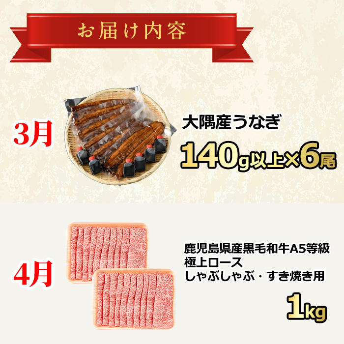 【1906103b】東串良町の美味しい！を贅沢に集めた4回定期便(3・4・5・6月) うなぎ 高級 ウナギ 鰻 国産 蒲焼 蒲焼き たれ 肉 牛肉 ロース しゃぶしゃぶ すき焼き マンゴー メロン アールスメロン 鹿児島 ふるさと 【東串良町】