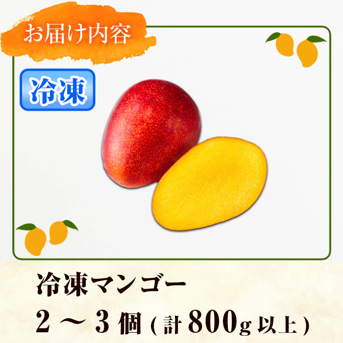 【0105933a】物産館おススメ！東串良町産 丸ごと冷凍マンゴー(計800g・2-3個入り) 果物 フルーツ 果実 デザート 国産 冷凍 ご家庭用 【東串良物産館ルピノンの里】