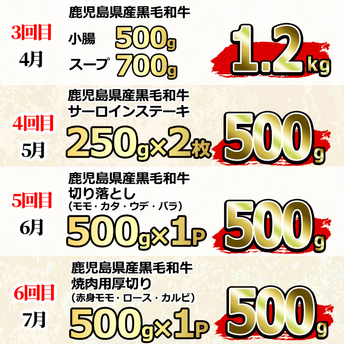 【1201706b】＜定期便・全6回＞鹿児島県産黒毛和牛！A5等級極上定期便(6ヶ月連続・計3.7kg) 国産 牛肉 肉 ロース サイコロステーキ もつ サーロインステーキ モモ ウデ カタ バラ肉 切り落し カルビ 鹿児島 焼肉 しゃぶしゃぶ すき焼き【前田畜産たかしや】