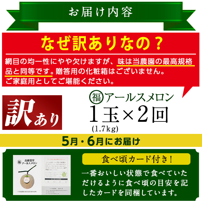 【0221105b】＜訳あり！定期便・全2回(5月・6月)＞マル福の高級アールスメロン(1玉×2回・計3.4kg)メロン フルーツ 果物 果実 3キロ 数量限定 期間限定【マル福園芸組合】